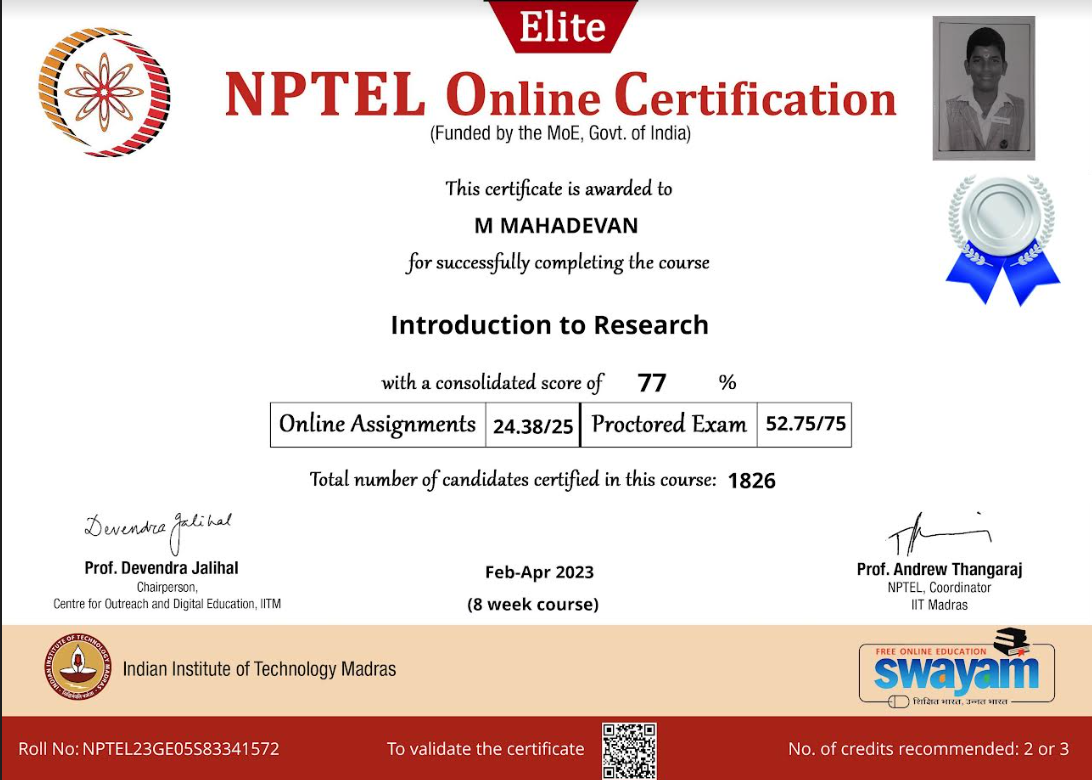 NPTEL Research Certificate