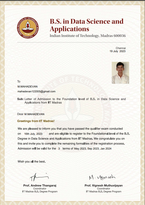 IITM Admission Letter